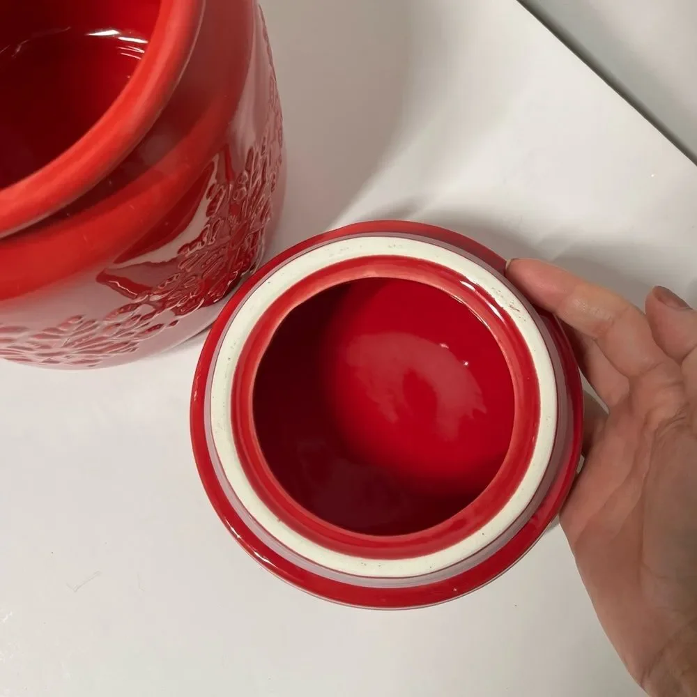 Crate & Barrel Glazed Snowflake Cookie Jar in Red